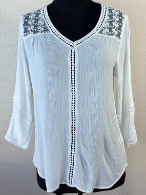 JohnPaulRichard White Boho Blouse Lace Crochet Top Peasant Festival Women M